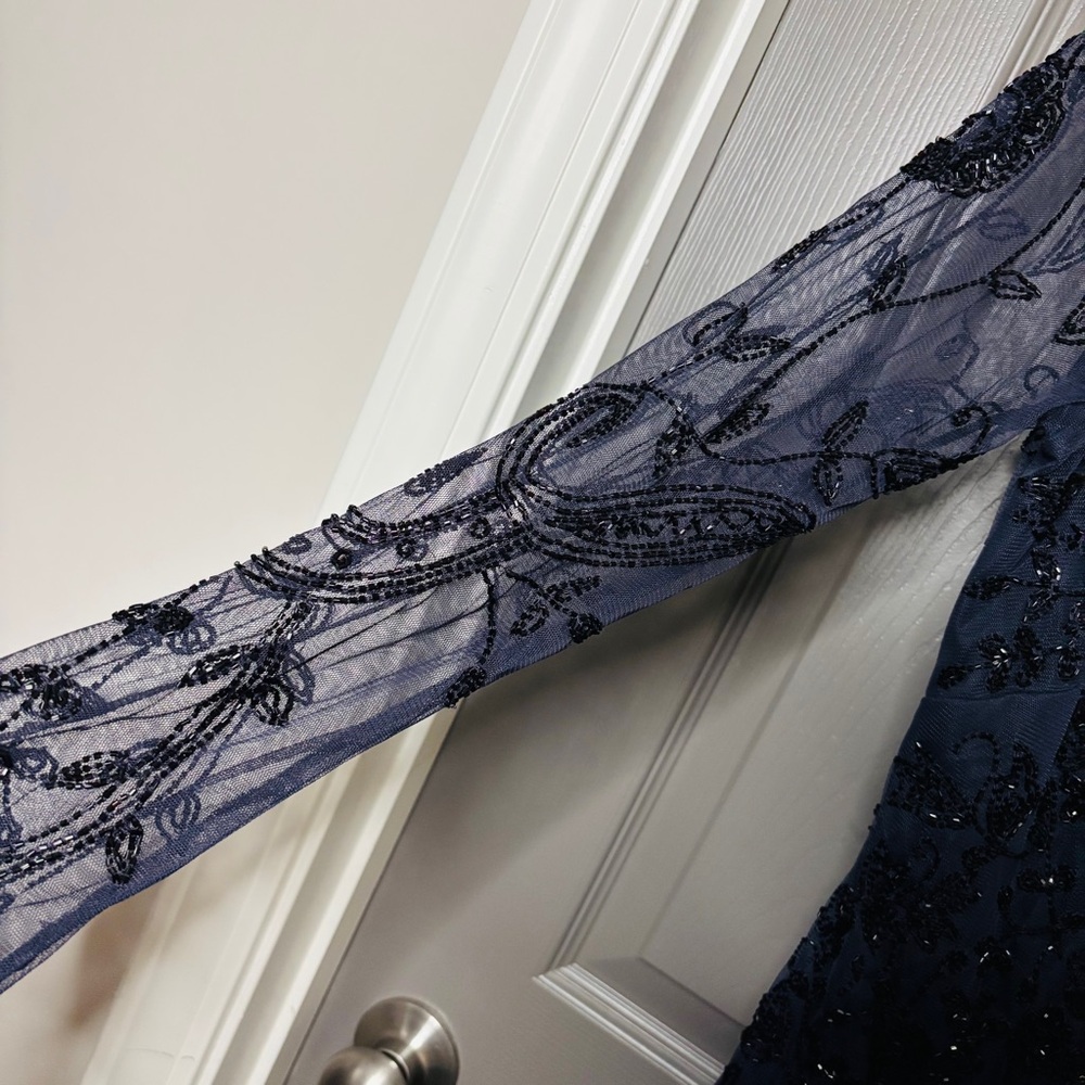 🥂 Aidan Mattox New Beaded Organza Formal Dress Navy Blue Size 6 - Picture 5 of 14